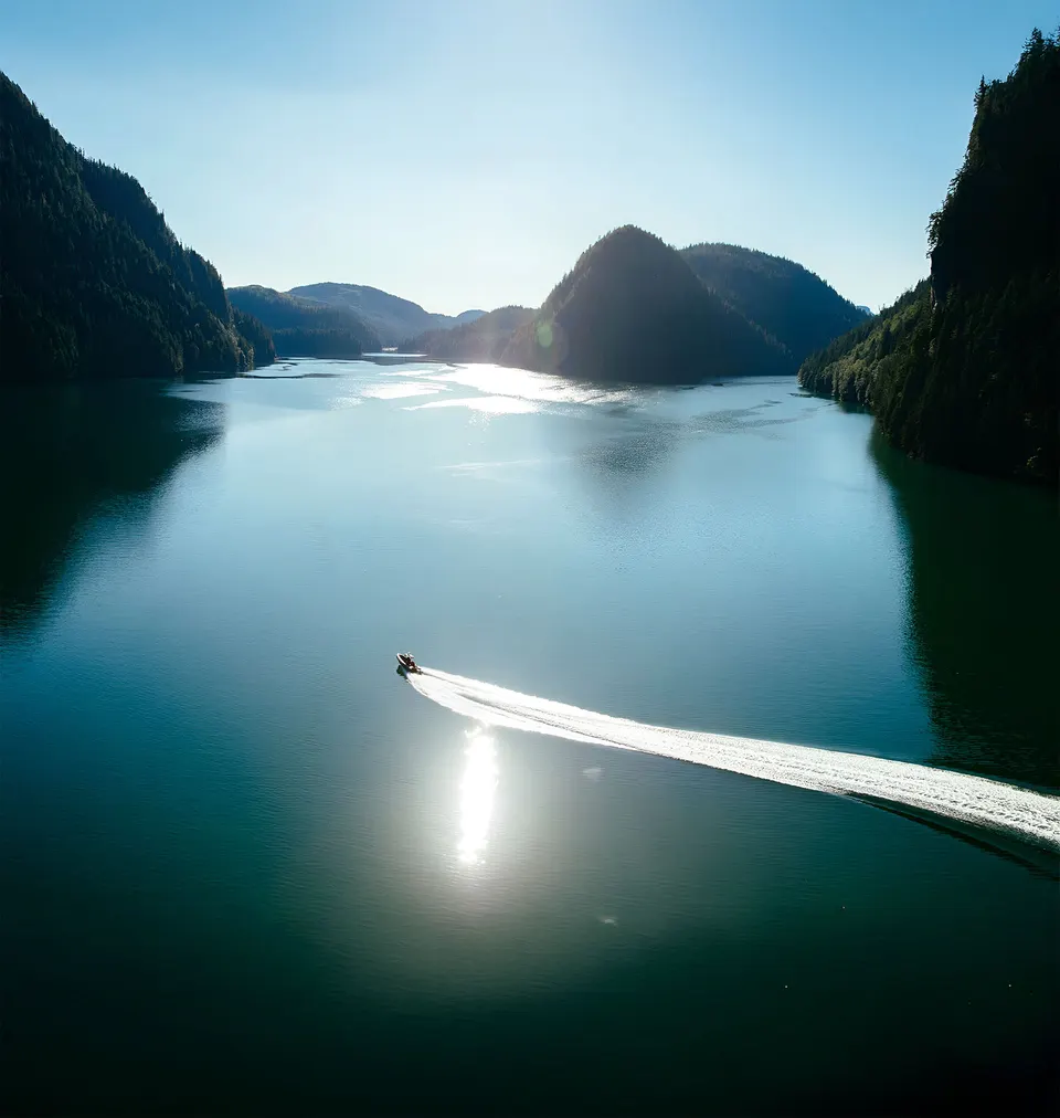 Nimmo Bay wilderness resort on the forested British Columbia coast